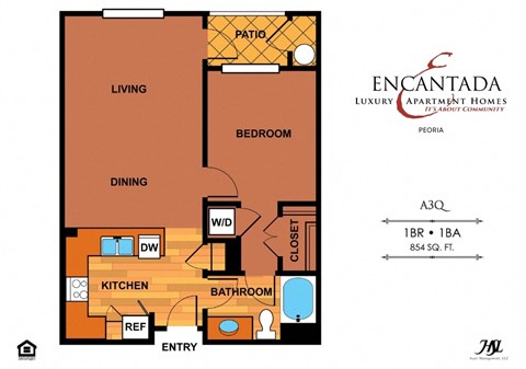 Floor plan for 1 bed, 1 bath, 801 sqft